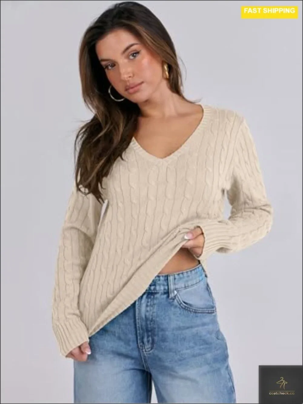 Women's Cable Knit V Neck Fitted Sweater Long Sleeve Pullover Top Soft Cozy